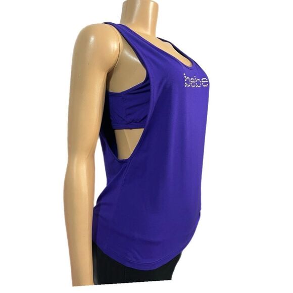 Bebe NWT Rhinestone Bebe logo 2 in 1 tank top and built in bra purple Large - Picture 4 of 5